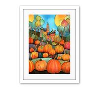 Artery8 Farm House Halloween Pumpkin Patch Modern Folk Art Watercolour Painting Artwork Framed Wall Art Print 18X24 Inch