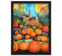 Artery8 Farm House Halloween Pumpkin Patch Modern Folk Art Watercolour Painting Artwork Framed Wall Art Print A4