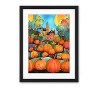Artery8 Farm House Halloween Pumpkin Patch Modern Folk Art Watercolour Painting Artwork Framed Wall Art Print 18X24 Inch