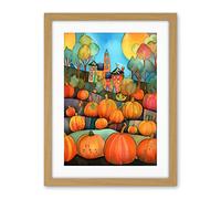 Artery8 Farm House Halloween Pumpkin Patch Modern Folk Art Watercolour Painting Artwork Framed Wall Art Print 18X24 Inch