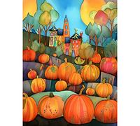 Artery8 Farm House Halloween Pumpkin Patch Modern Folk Art Watercolour Painting Large Wall Art Poster Print Thick Paper 18X24 Inch
