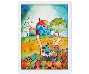 Artery8 Farmer Heading Home Folk Art Watercolour Painting Artwork Framed A3 Wall Art Print