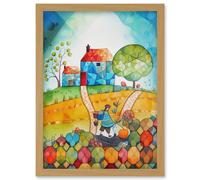 Artery8 Farmer Heading Home Folk Art Watercolour Painting Artwork Framed Wall Art Print A4 in Light Oak Artery8 Light Oak