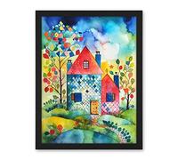 Artery8 Farmhouse In The Flowers Folk Art Artwork Framed Wall Art Print 18X24 Inch