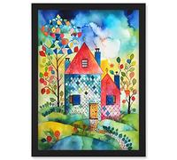 Artery8 Farmhouse In The Flowers Folk Art Artwork Framed Wall Art Print A4