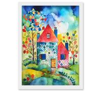 Artery8 Farmhouse In The Flowers Folk Art Artwork Framed Wall Art Print A4