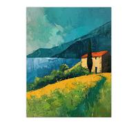 Artery8 Farmhouse Lake District Oil Painting Summer Calm Wall Art Print in Blue | Size: W12" x H16" Artery8 Blue W12" x H16"