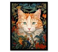 Artery8 Fat Ginger Cat In Foliage & Flowers Floral Design Illustration Artwork Art Print Framed Poster Wall Decor in Black | Size: W12" x H16" Artery8 Black W12" x H16"