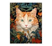 Artery8 Fat Ginger Cat In Foliage & Flowers Floral Design Illustration Artwork Unframed Wall Art Print Poster Home Decor Premium | Size: W12" x H16" Artery8 Multicolor W12" x H16"