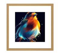Artery8 Fat Robin Bird Vibrant Acrylic Orange Blue on Black Painting Square Wooden Framed Wall Art Print Picture 8X8 Inch in Light Oak Artery8 Light Oak