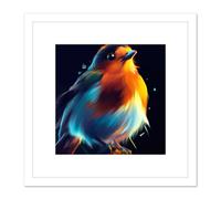 Artery8 Fat Robin Bird Vibrant Acrylic Orange Blue on Black Painting Square Wooden Framed Wall Art Print Picture 8X8 Inch in White Artery8 White
