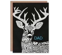 Artery8 Father's Day Card Deer Stag Black White Folk Art Design For Him Dad Father Greeting Card