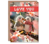 Artery8 Valentine's Day Card Felt Penguins On Tree Branch Cute Love You Blank Arty Art All Occasion Greeting Card