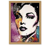 Artery8 Female Glam Rock Glitter Sparkle Purple Gold Blue Red Linocut Portrait Teen Room Artwork Framed Wall Art Print A4