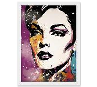 Artery8 Female Glam Rock Glitter Sparkle Purple Gold Blue Red Linocut Portrait Teen Room Artwork Framed A3 Wall Art Print