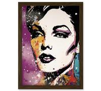 Artery8 Female Glam Rock Glitter Sparkle Purple Gold Blue Red Linocut Portrait Teen Room Artwork Framed A3 Wall Art Print