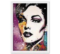Artery8 Female Glam Rock Glitter Sparkle Purple Gold Blue Red Linocut Portrait Teen Room Artwork Framed Wall Art Print A4