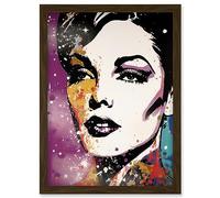 Artery8 Female Glam Rock Glitter Sparkle Purple Gold Blue Red Linocut Portrait Teen Room Artwork Framed Wall Art Print A4