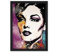 Artery8 Female Glam Rock Glitter Sparkle Purple Gold Blue Red Linocut Portrait Teen Room Artwork Framed Wall Art Print A4