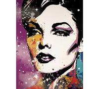 Artery8 Female Glam Rock Glitter Sparkle Purple Gold Blue Red Linocut Portrait Teen Room Large Wall Art Poster Print Thick Paper 18X24 Inch