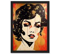 Artery8 Female Portrait Retro Glam Rock Aesthetic Gold and Red Linocut Teen Room Artwork Framed A3 Wall Art Print