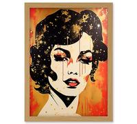 Artery8 Female Portrait Retro Glam Rock Aesthetic Gold and Red Linocut Teen Room Artwork Framed Wall Art Print A4
