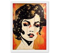 Artery8 Female Portrait Retro Glam Rock Aesthetic Gold and Red Linocut Teen Room Artwork Framed Wall Art Print A4