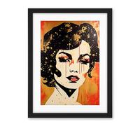 Artery8 Female Portrait Retro Glam Rock Aesthetic Gold and Red Linocut Teen Room Artwork Framed Wall Art Print 18X24 Inch