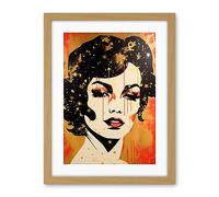 Artery8 Female Portrait Retro Glam Rock Aesthetic Gold and Red Linocut Teen Room Artwork Framed Wall Art Print 18X24 Inch