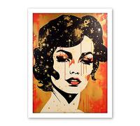 Artery8 Female Portrait Retro Glam Rock Aesthetic Gold and Red Linocut Teen Room Artwork Framed Wall Art Print 18X24 Inch