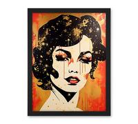 Artery8 Female Portrait Retro Glam Rock Aesthetic Gold and Red Linocut Teen Room Artwork Framed Wall Art Print 18X24 Inch