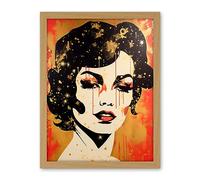 Artery8 Female Portrait Retro Glam Rock Aesthetic Gold and Red Linocut Teen Room Artwork Framed Wall Art Print 18X24 Inch