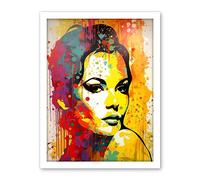 Artery8 Female Portrait Vibrant Modern Paint Bright Retro Glam Linocut Teen Room Artwork Framed Wall Art Print 18X24 Inch