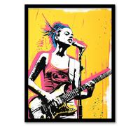 Artery8 Female Punk Music Guitarist Portrait Yellow Pink Framed Art Print | Size: A4 Artery8 Yellow A4