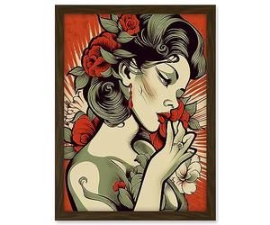 Artery8 Femme Fatale Roses Pin Up Rockabilly Americana 50s Artwork Framed A3 Wall Art Print