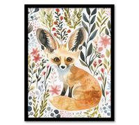 Artery8 Fennec Fox Boho Floral Watercolour Portrait Framed Wall Art | Size: W12" x H16" Artery8 Multicolor W12" x H16"