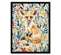Fennec Fox in Wildflower Field Floral Watercolour Framed Wall Art Artery8 Multi A4
