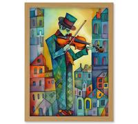 Artery8 Fiddler On The Roof Folk Art Watercolour Painting Artwork Framed Wall Art Print A4 in Light Oak Artery8 Light Oak