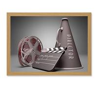 Film Director Equipment Clapperboard Reel Megaphone A4 Artwork Framed Wall Art Print Artery8 Light Oak One Size