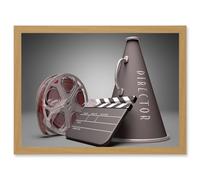 Film Director Equipment Clapperboard Reel Megaphone A4 Artwork Framed Wall Art Print Artery8 Light Oak One Size