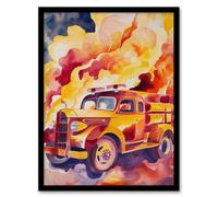 Artery8 Fire Truck on Fire Orange Lilac Red Watercolour Living Room Artwork Framed Wall Art Print A4