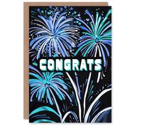 Artery8 Fireworks Display Blue on Black Painting Congrats Blank For Him Or Her Art Congratulations Card