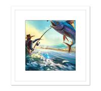 Artery8 Fisherman Fishing Angler Large Fish Catch Sunrise Coastal Abstract Painting Square Wooden Framed Wall Art Print Picture 8X8 Inch in White Artery8 White