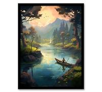 Artery8 Fishermen Casting Nets at Sunrise Acrylic Painting Men Fishing in Countryside River Serene Mountain Forest Landscape Artwork Framed Wall Art Print 18X24 Inch