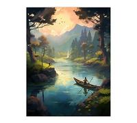 Artery8 Fishermen Casting Nets at Sunrise Acrylic Painting Men Fishing in Countryside River Serene Mountain Forest Landscape Large Wall Art Poster Print Thick Paper 18X24 Inch