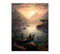 Artery8 Fishermen Casting Nets from Boat Painting Bright Sunrise Fishing in Serene River Landscape Large Wall Art Poster Print Thick Paper 18X24 Inch