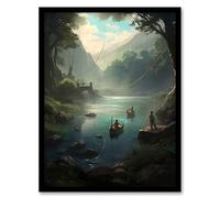 Artery8 Fishermen Casting Nets from Boats Painting Men Fishing in River Serene Mountain Forest Landscape Artwork Framed Wall Art Print 18X24 Inch