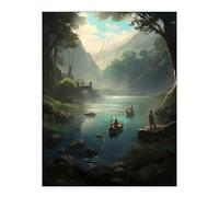 Artery8 Fishermen Casting Nets from Boats Painting Men Fishing in River Serene Mountain Forest Landscape Large Wall Art Poster Print Thick Paper 18X24 Inch