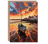 Artery8 Fishing Boat Atmospheric Clouds Sunset Saltburn Birthday Art Card in Orange Artery8 Orange