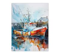 Artery8 Fishing Boat Harbour Watercolour Classic Coastal Living Room Large Wall Art Poster Print Thick Paper 18X24 Inch